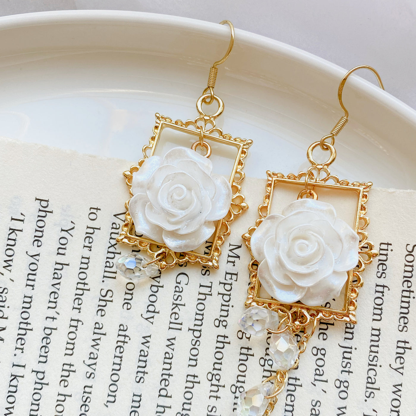 Framed White Rose Dangle Earrings