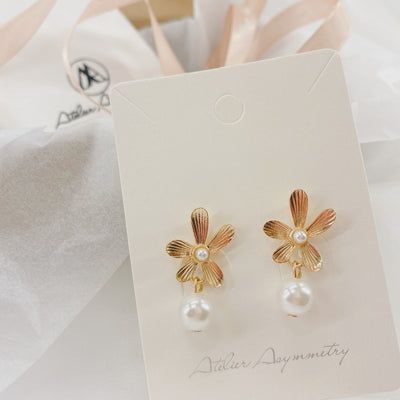 Gold Flower Pearl Dangle Earrings, Sterling Silver Post, Solid Brass, in Packaging