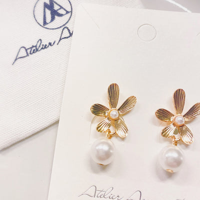 Gold Flower Pearl Dangle Earrings, Sterling Silver Post, Solid Brass, on Plate