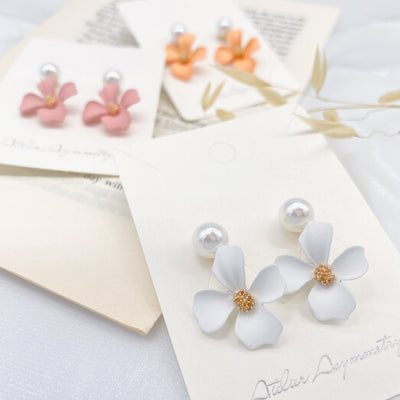 Flower Drop Earrings with Pearl Studs