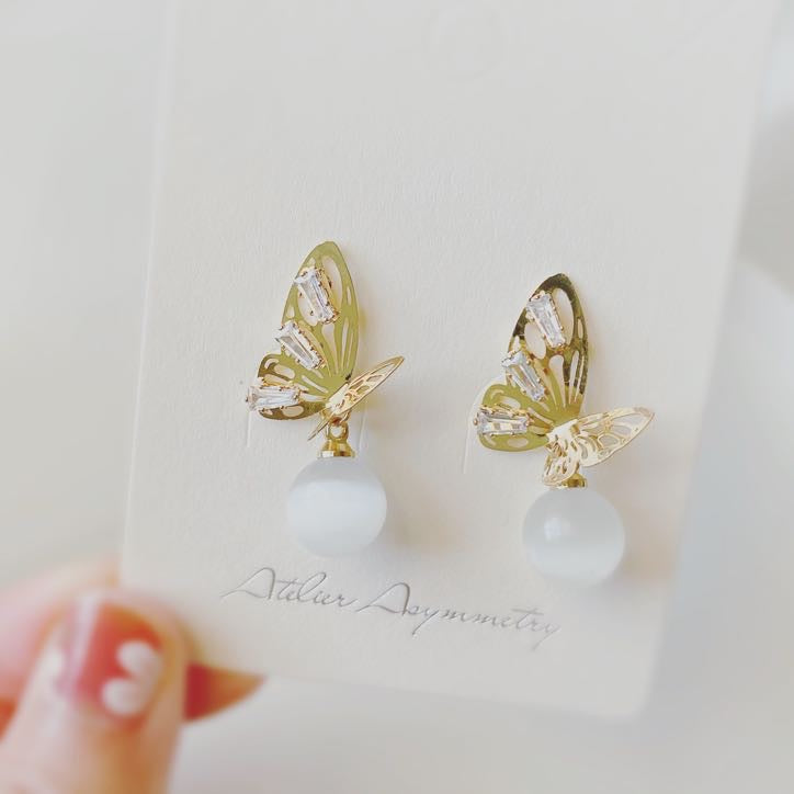 Crystal Butterfly and Marble Pearl Earrings