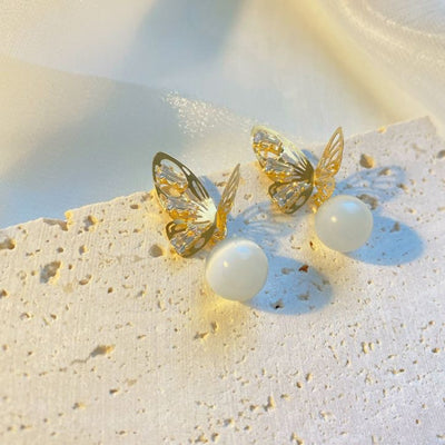 Crystal Butterfly and Marble Pearl Earrings