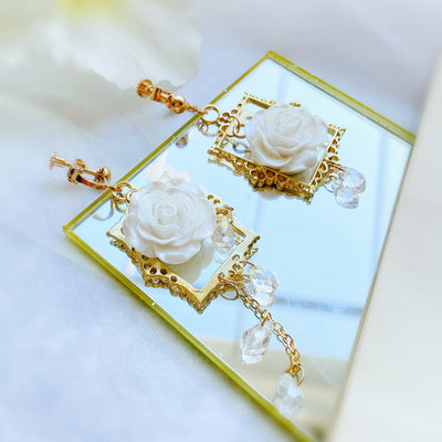 Framed White Rose Dangle Earrings