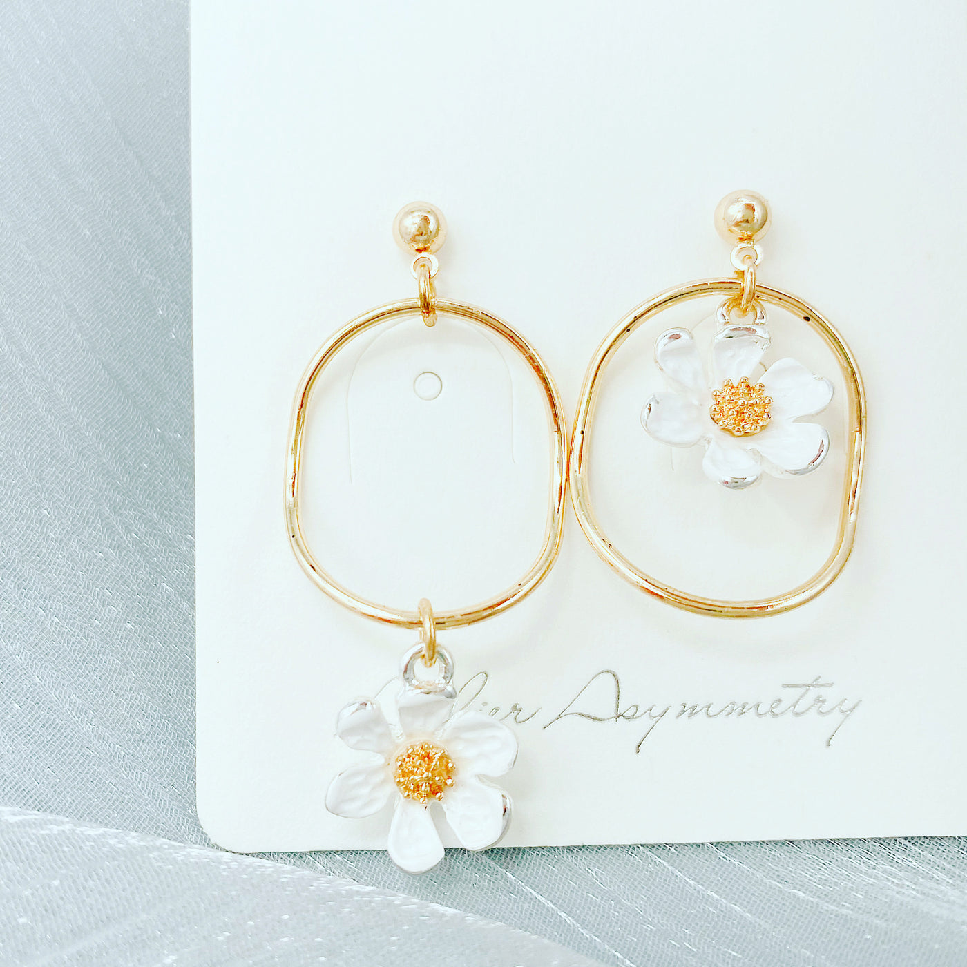 Asymmetric Daisy Hoop Dangle Earrings