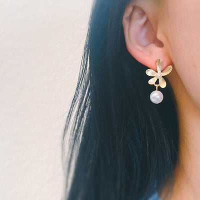 Gold Flower and Pearl Dangle Earrings