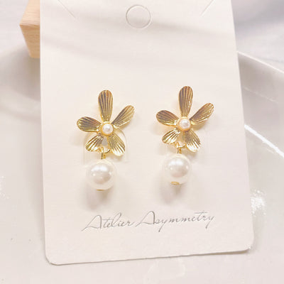 Gold Flower Pearl Dangle Earrings, Sterling Silver Post, Solid Brass, Cover Photo