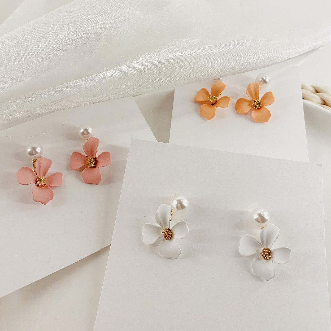 Flower Drop Earrings with Pearl Studs