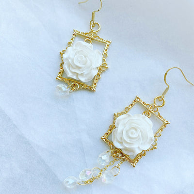 Framed White Rose Dangle Earrings