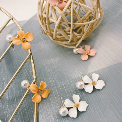 Flower Drop Earrings with Pearl Studs