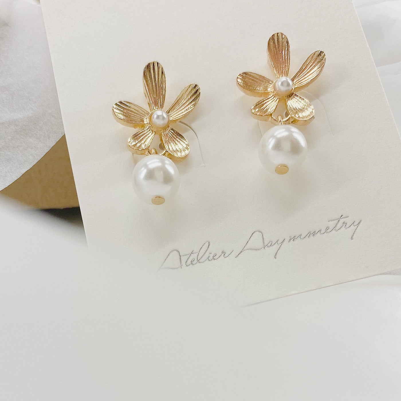 Gold Flower Pearl Dangle Earrings, Sterling Silver Post, Solid Brass, White Background