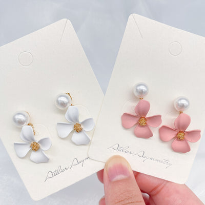 Flower Drop Earrings with Pearl Studs