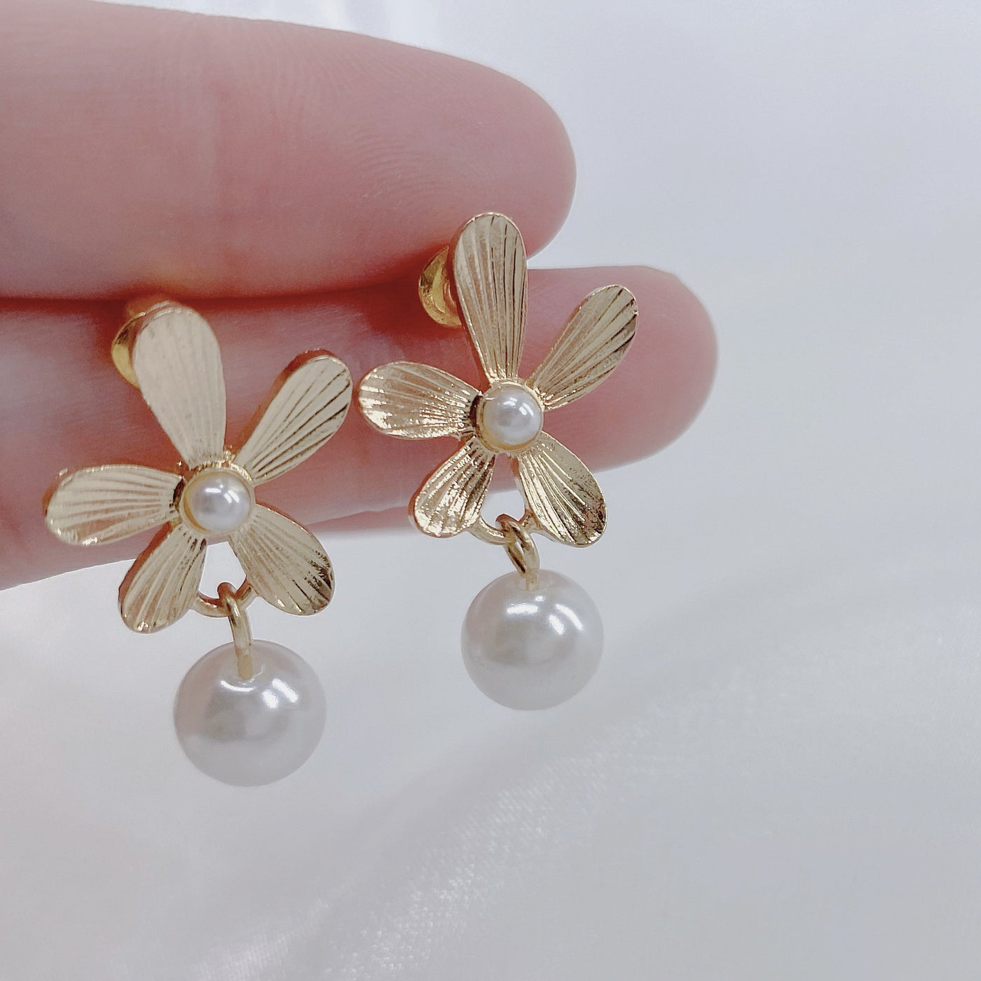 Gold Flower Pearl Dangle Earrings, Sterling Silver Post, Solid Brass, in Hand