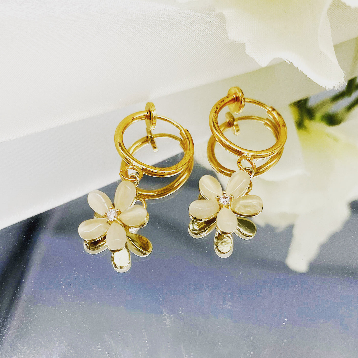 Gold Sakura Flower Huggie Hoops