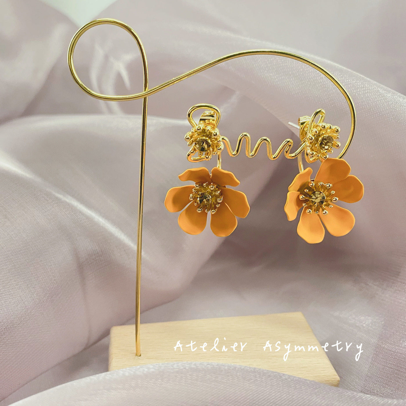 Crystal Stud Earrings with Orange Flower Stop 