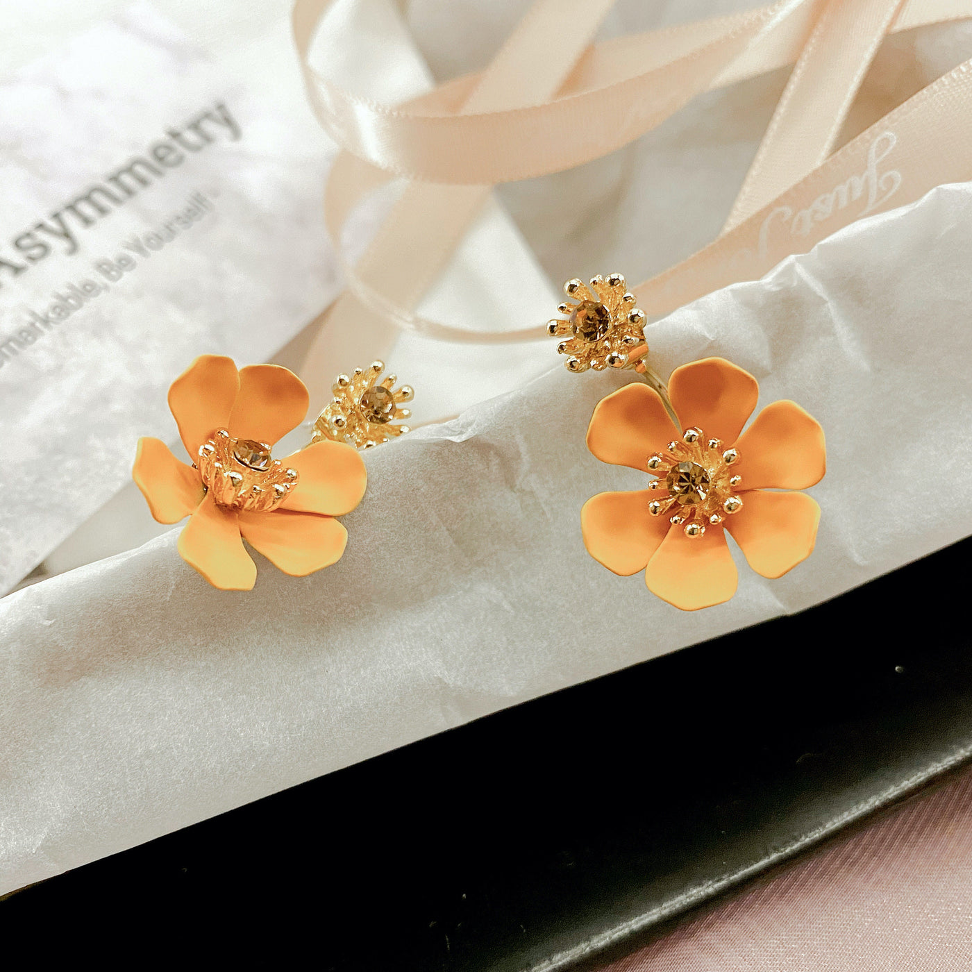 Crystal Stud Earrings with Orange Flower Stop 