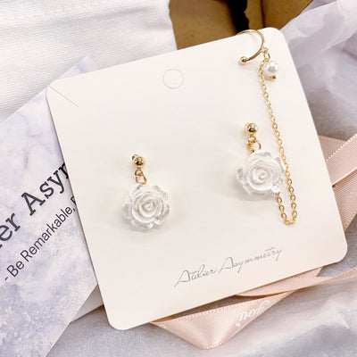 White Rose Stud Earrings with Pearl Ear Cuff 