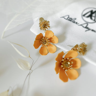 Crystal Stud Earrings with Orange Flower Stop 