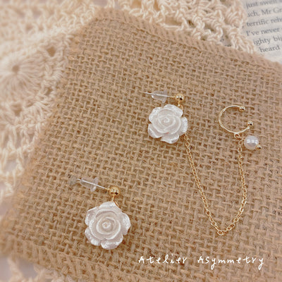 White Rose Stud Earrings with Pearl Ear Cuff 