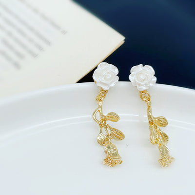 White and Gold Rose Dangle Earrings 