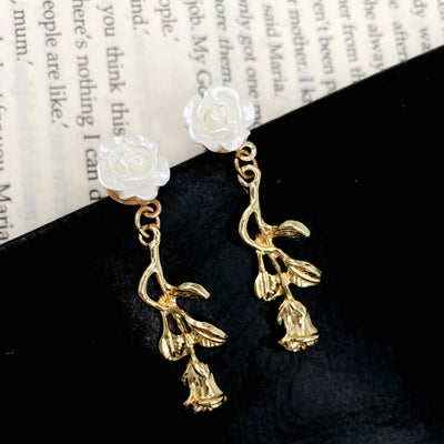 White and Gold Rose Dangle Earrings 