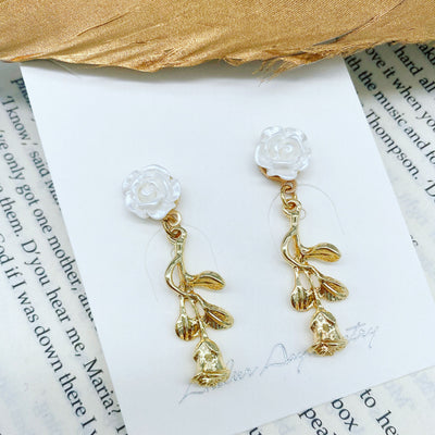 White and Gold Rose Dangle Earrings 