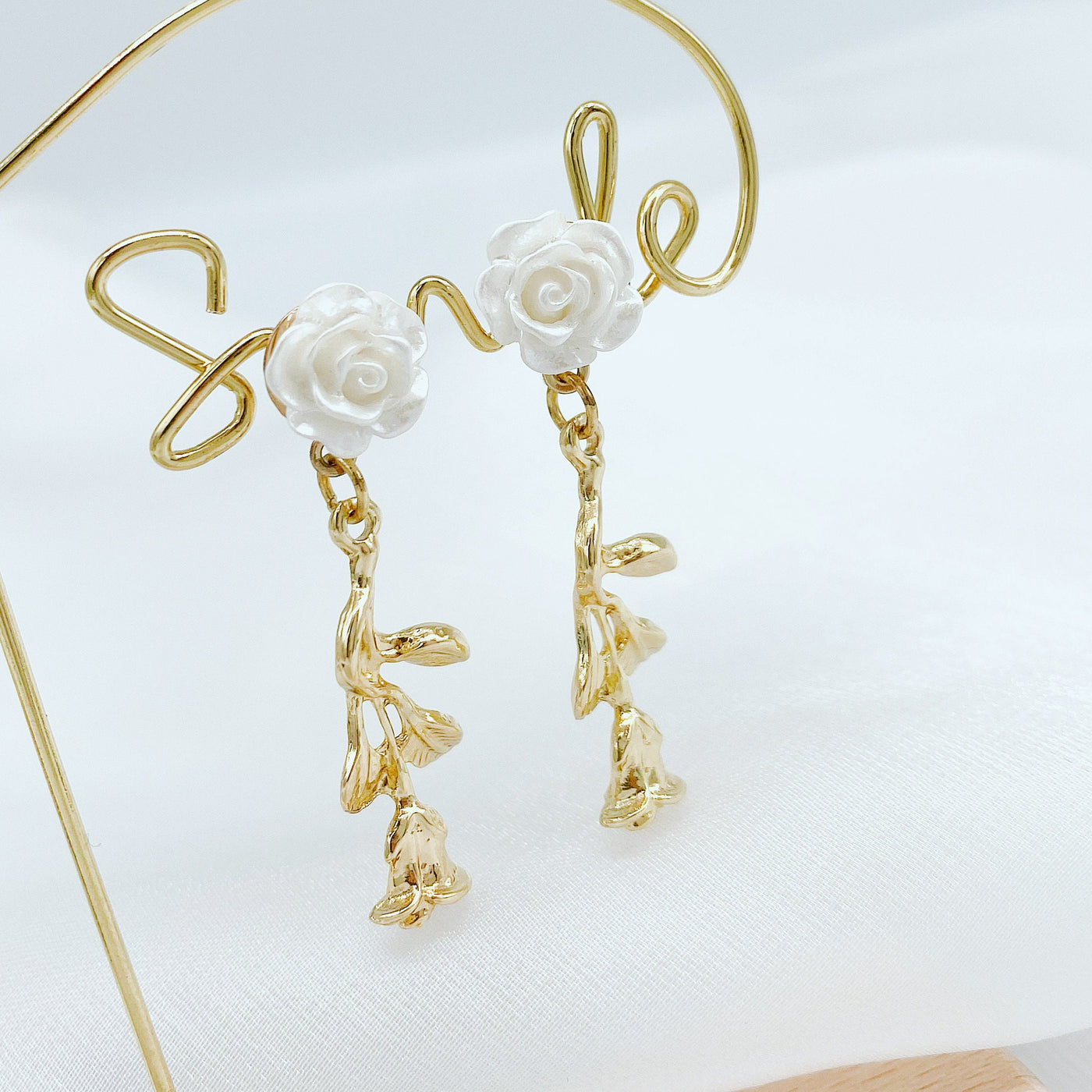 White and Gold Rose Dangle Earrings 