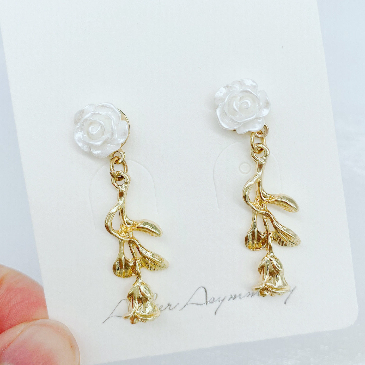 White and Gold Rose Dangle Earrings 