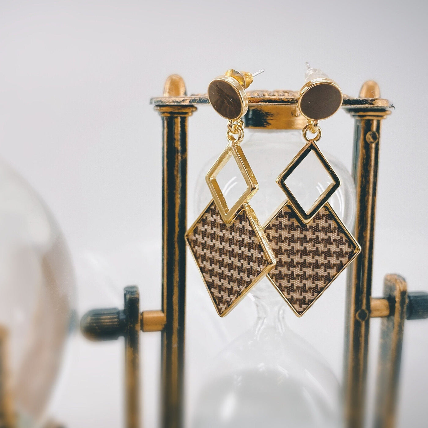 Geometric Brown Checkered Dangle Earrings 