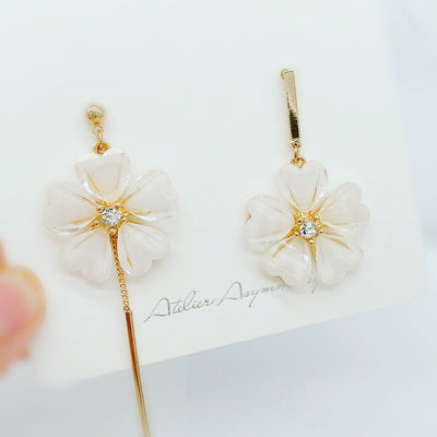 Asymmetric Crystal Flower Earrings with Drop Bar 