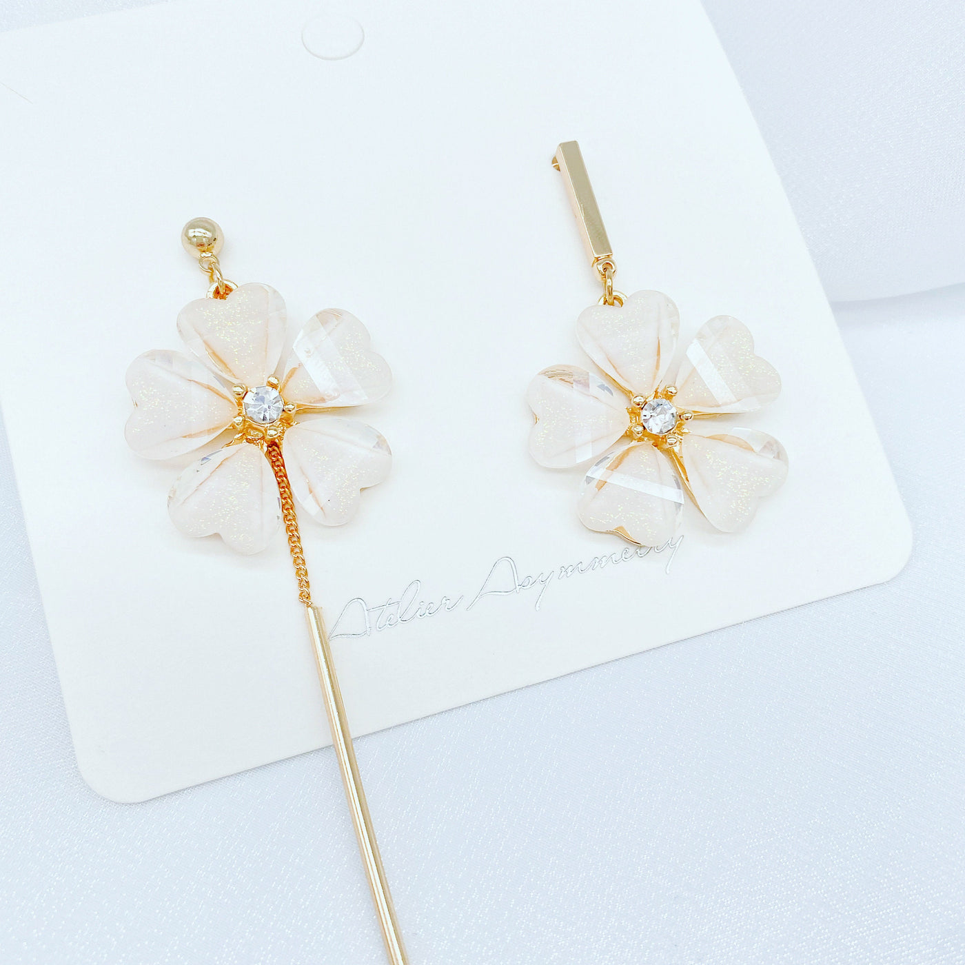 Asymmetric Crystal Flower Earrings with Drop Bar 