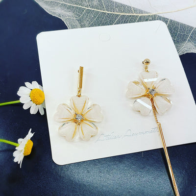 Asymmetric Crystal Flower Earrings with Drop Bar 