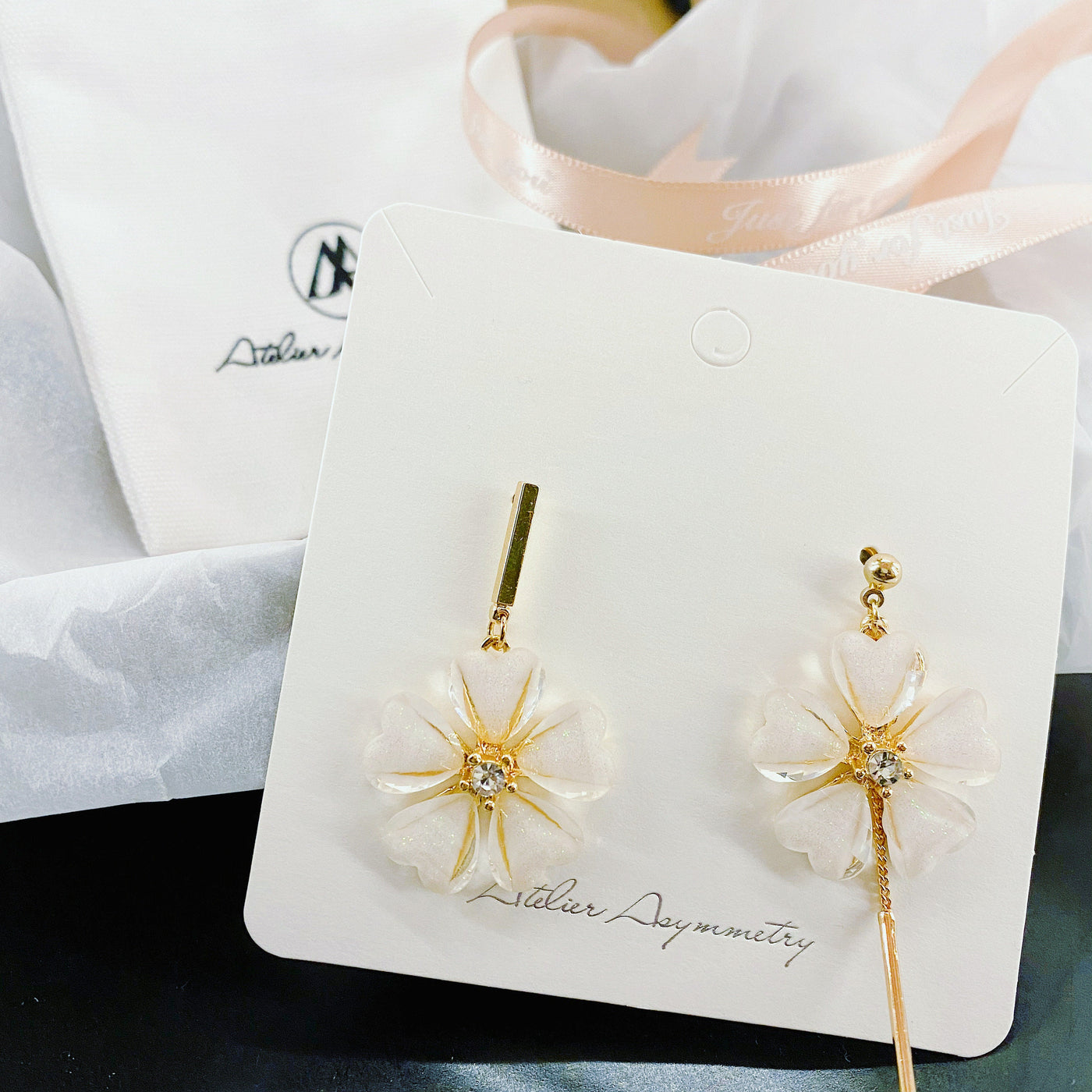 Asymmetric Crystal Flower Earrings with Drop Bar 