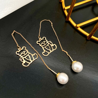 Gold Bear Threader Earrings with Pearl Closure 