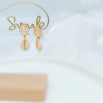 Gold Shell and Leaf Dangle Earrings 