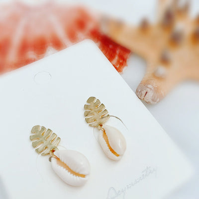 Gold Shell and Leaf Dangle Earrings 