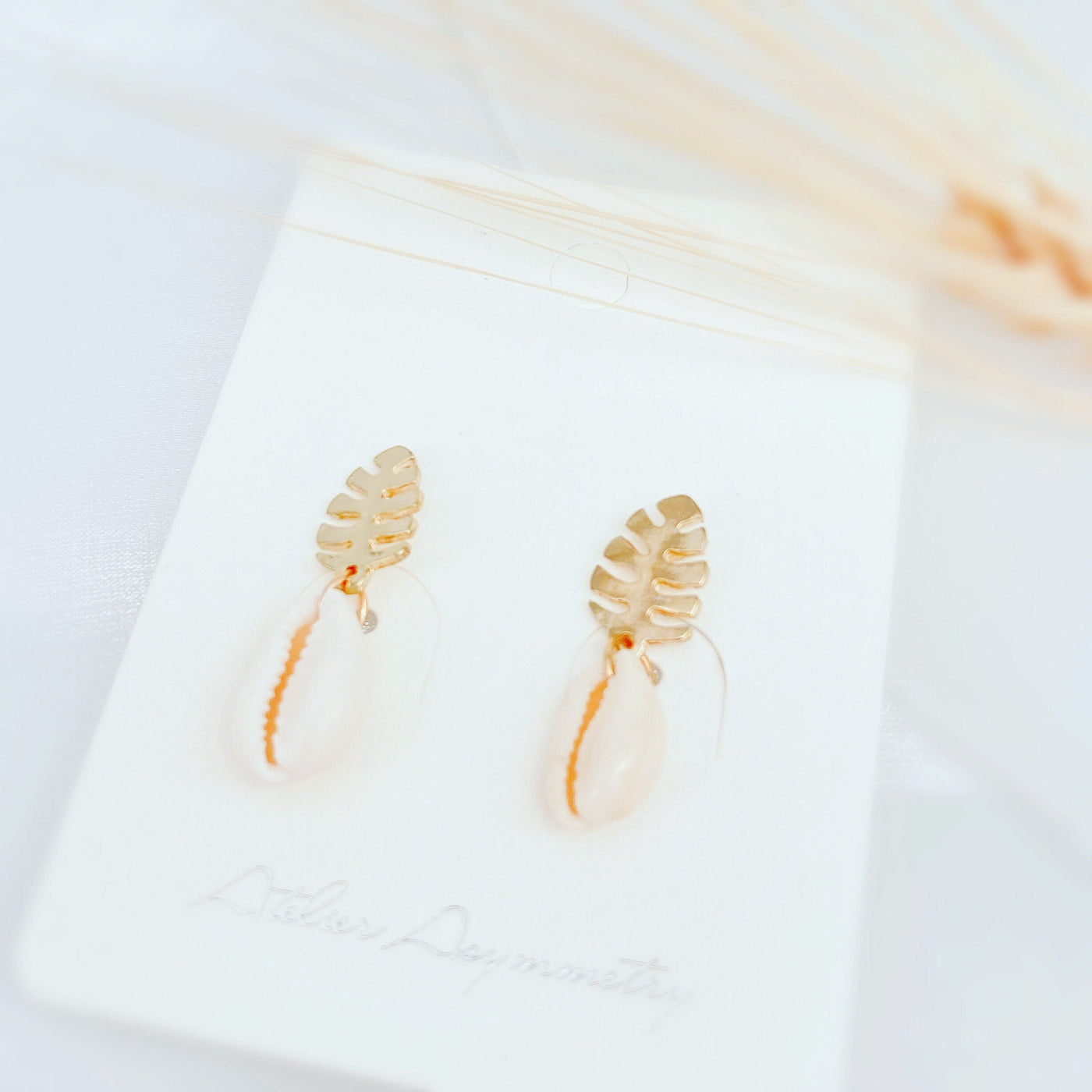 Gold Shell and Leaf Dangle Earrings 