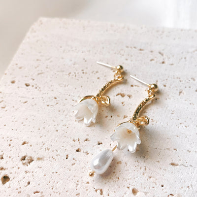 White Tulip Asymmetric Dangle Earrings 