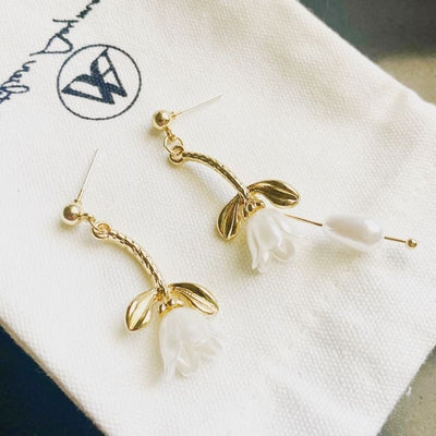 White Tulip Asymmetric Dangle Earrings 